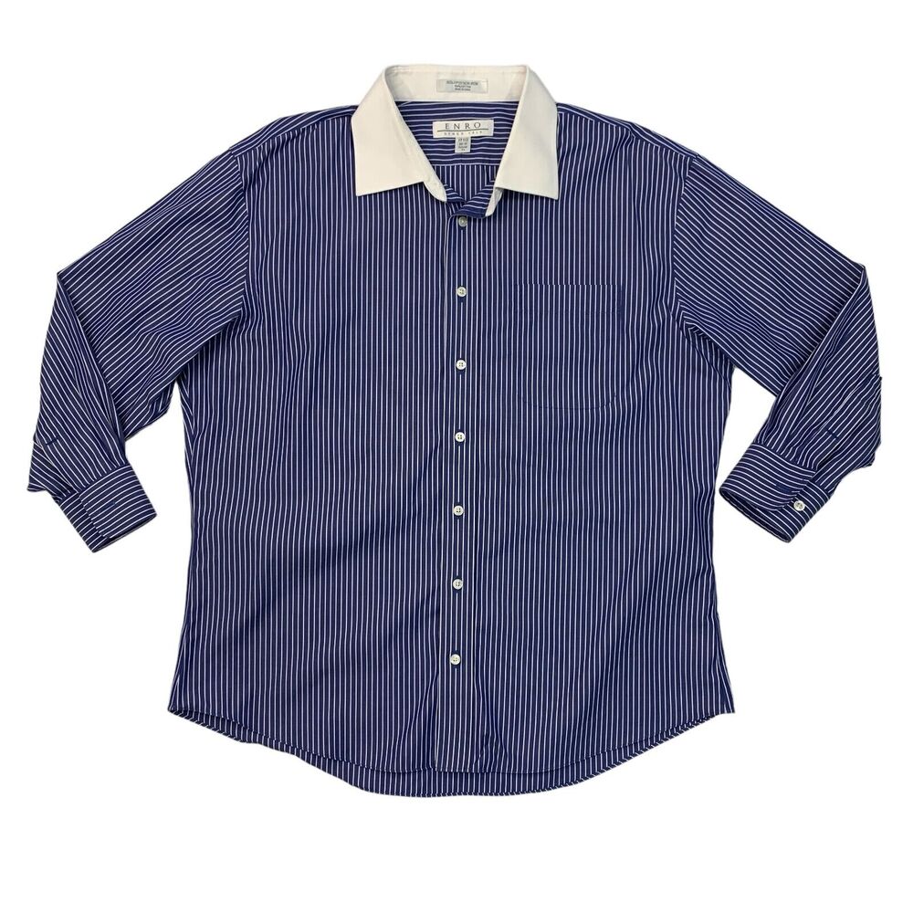 Enro Shirt Mens 17.5 Royal Blue Cotton Non Iron Tailored Striped Formal Dress